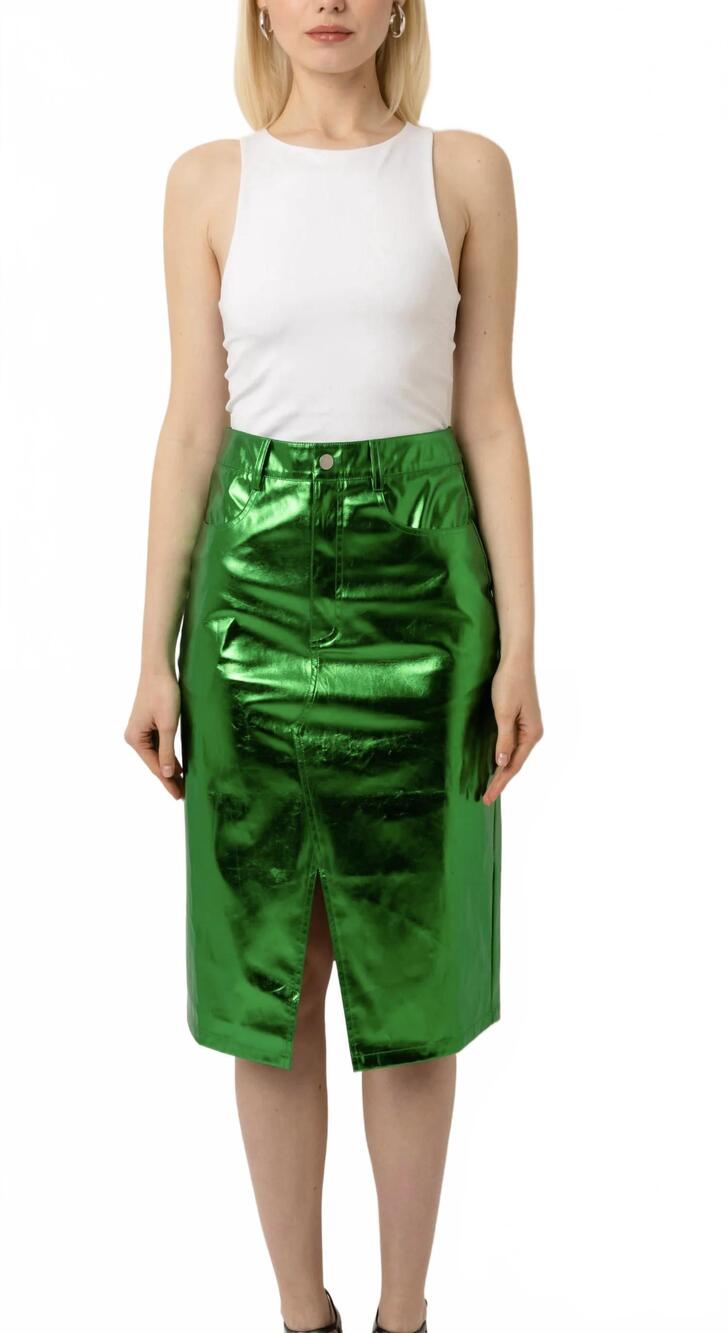 NEW AMYLYNN lupe high waist metallic knee length skirt in green